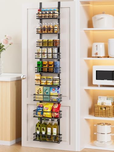 Delamu 9-Tier Over the Door Pantry Organizer, Adjustable Pantry Door Organizers and Storage, Metal Hanging Basket Wall Spice Rack Seasoning Organizer, Door Organizer Kitchen Bedroom Bathroom,12"Black by DELAMU