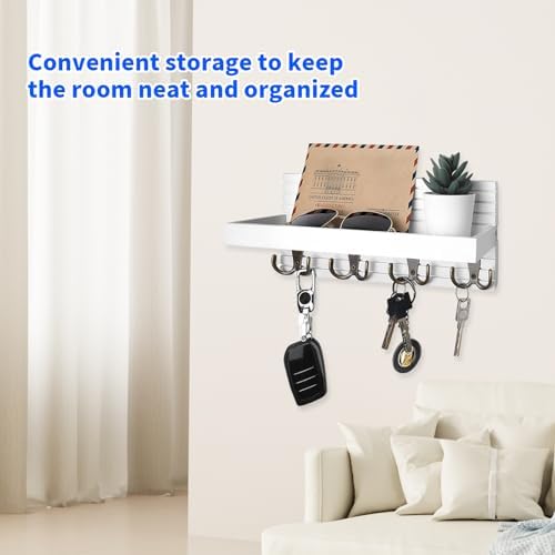 Key Holder for Wall, Wooden Key Hooks Wall Mounted with 8 Hooks, Rack with Storage Shelf for Mail, Phone, Small Decor, Ideal for Entryway, Office, Hallway, White - Image 7