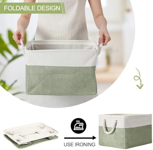 FoldTier 10 Pack Large Collapsible Fabric Storage Baskets with Handles Decorative Storage Bins for Organizing Shelves Toys Clothes(Beige & Green,16 x 12 x 10 Inches) - Image 5