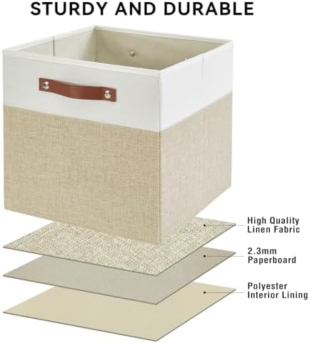 Bagnizer Collapsible Fabric Storage Cube Bins with 2 Reinforced PU Handles, Foldable Storage Organizer Baskets for Closet, Shelves, Living Room | 13"x13"x13", 4 Pack, Beige & White - Image 5