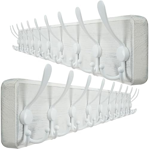 WEBI Coat Rack Wall Mounted,38 9/16" Long,10 Triple Hooks,Wood Coat Hooks Wall Mount,Large Coat Hanger Wall,Hook Rack,Tri Hooks for Hanging Coats,Clothes,Jacket,Entryway,Rustic White,2 Packs by WEBI