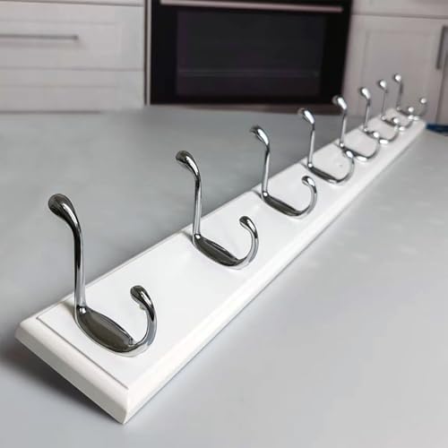 Wooden Wall Mounted Coat Rack 35 inch (90cm) with 8 Silver Hooks, Lang Wood White Coat Hook for Entrance, Hallway, Bedroom, Wall Clothes Hanger - Image 3