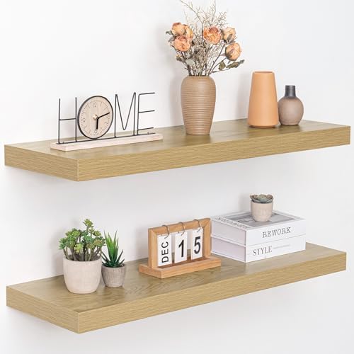 Acovy 36 Inch Floating Shelves, 12" Deep Floating Shelf Wall Mounted, 36" Wall Shelves, Rustic Deep Bookshelf, Extra Deeper & Thicker Display Shelves for Bedroom, Living Room, Oak, Set of 2 by Acovy