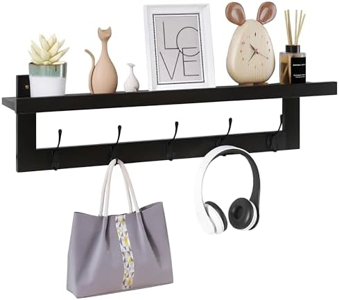 SMIBUY Coat Hooks with Shelf Wall-Mounted, 29.2 Inch Entryway Coat Rack for Wall, Bamboo Hanging Shelf with 5 Double Metal Hooks for Bathroom, Bedroom, Kitchen, Living Room, Mudroom (Black) by SMIBUY