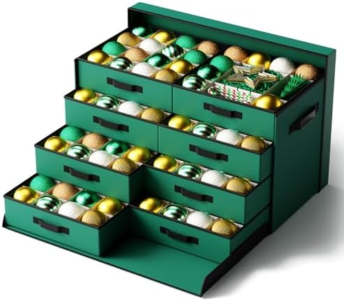Christmas Ornament Storage Box Store 128 Ornaments, Extra Large Xmas Ornament Organizer Storage box with Lid & Adjustable Dividers, Holiday Decorations Storage Container with 8 Stackable Trays, Green by GintongUwak