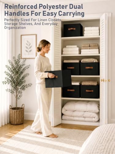 6 Pack Large Closet Storage Baskets Bins for Shelves, Collapsible Fabric Closet Organizers and Storage with Polyester Handles, Decorative Baskets for Organizing Clothes, Towels, Linen Closet 16x12x10" - Image 2