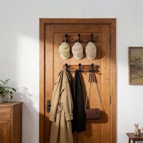 WEBI Coat Rack Wall Mount,17" Solid Wood Coat Hooks Wall Mounted Coat Hanger,16" Hole to Hole,Heavy Duty Hook Rack,3 Triple Hooks for Hanging Coats,Jacket,Hat,Backpack,Farmhouse,Brown,2 Packs - Image 2