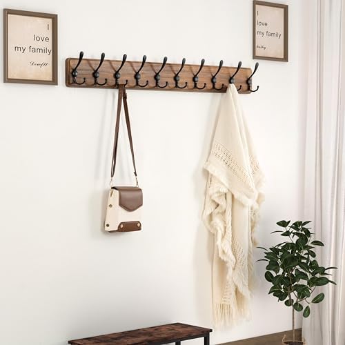 Dseap Coat Rack Wall - Heavy-Duty 38-1/4" Long, with Reinforced 10 Custom Tri-Hooks, Solid Wood Wall Hanger for Coats Hat Jackets - Rustic Farmhouse Entryway Storage, Natural & Black, Pack of 2 - Image 5