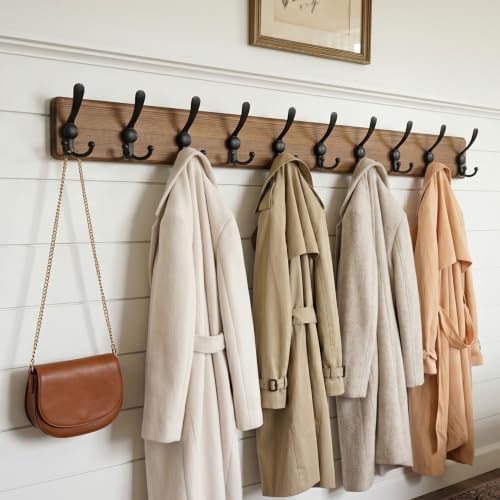 WEBI Coat Rack Wall Mount,38 9/16" Long,10 Hooks,Wood Coat Hooks Wall Mounted Coat Hanger Wall Hook Rack,Triple Hooks for Hanging Coats,Clothes,Jacket,Brown,2 Packs - Image 2