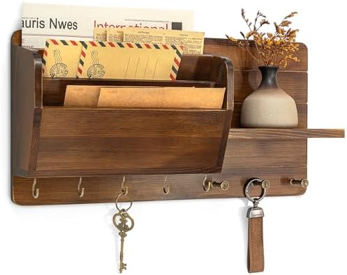 Rebee Vision Pine Wood Key Holder Wall Mount with Mail Sorter, Light Brown by REBEEVISION