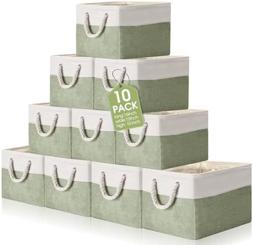 FoldTier 10 Pack Large Collapsible Fabric Storage Baskets with Handles Decorative Storage Bins for Organizing Shelves Toys Clothes(Beige & Green,16 x 12 x 10 Inches) by FoldTier