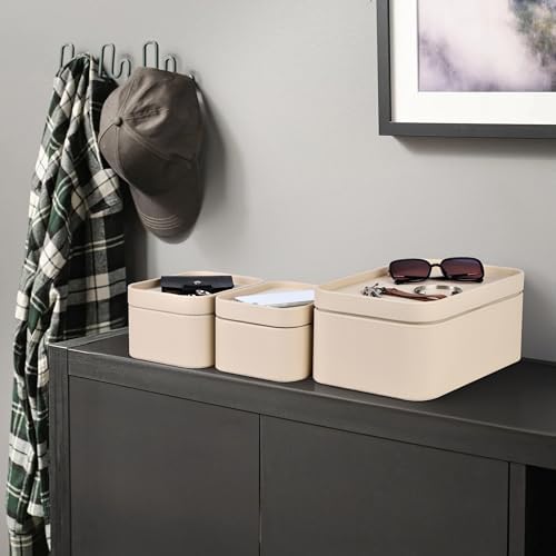 HofferRuffer Faux Leather Decorative Storage Boxes, Dust proof Storage Shelf Baskets with Lids Trays, Storage Bins Memory Box Organizer for Home, Office, Jewelry & More, Set of 3 (Beige) - Image 5