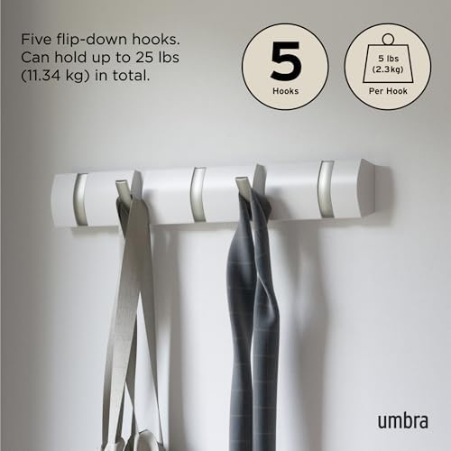 Umbra Flip Coat Rack, Wall Mounted 5-Hook Space Saving, White/Nickel - Image 5