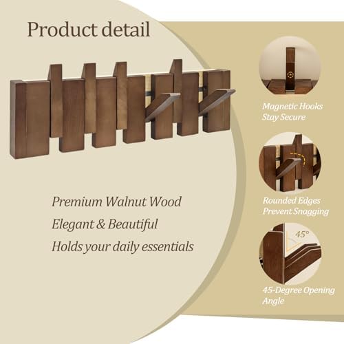 16.9" Wooden Piano Key Coat Rack Wall Mounted, 6 Hooks Natural Walnut Wall Coat Rack, Wall Mounted Coat Rack for Hanging Coats/Hats/Keys/Towels/Bags - Image 5