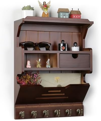 Key Holder for Wall, Elegant Wall-Mounted Mail Organizer with Storage Drawers, Walnut by Mutsault