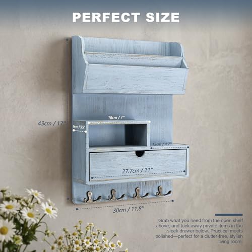 Rebee Vision Pine Wood Key Holder Wall Mount with Shelf & Drawer, Blue - Image 2