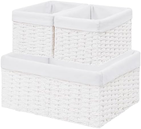 Vagusicc Wicker Basket, Set of 3 Hand-woven Storage Baskets for Organizing, Decorative Rectangle Wicker Storage Basket Bins with Handles, Small Toilet Paper Storage Baskets for Shelves & Decor, White by Vagusicc