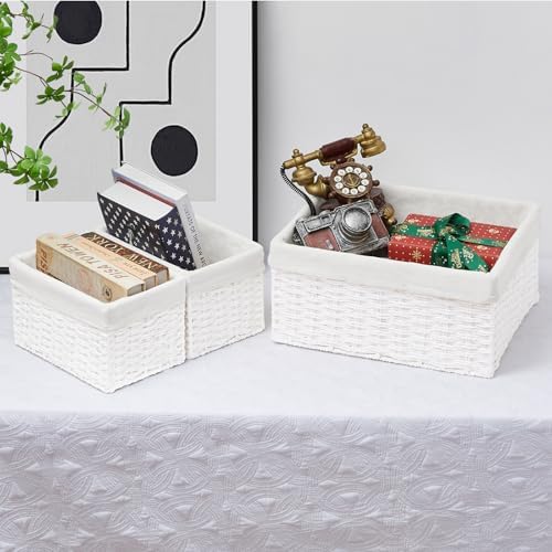 Vagusicc Wicker Basket, Set of 3 Hand-woven Storage Baskets for Organizing, Decorative Rectangle Wicker Storage Basket Bins with Handles, Small Toilet Paper Storage Baskets for Shelves & Decor, White - Image 7