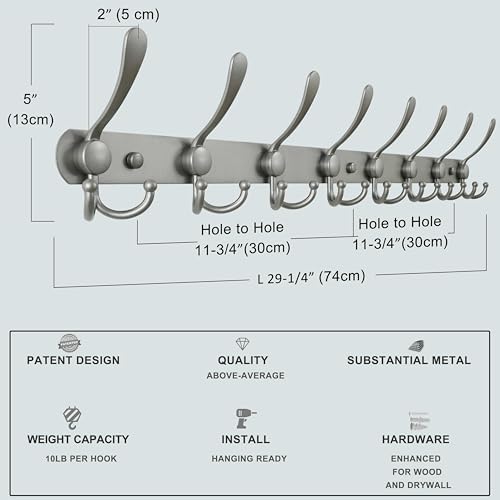 Dseap Coat Rack Wall Mount - 29.5” Long 8-Tri-Hooks Heavy Duty Coat Hanger Rail Wall Hooks for Hanging Coats Hats Clothing Clothes Purse Mudroom Entryway, Gray, Pack of 2 - Image 6