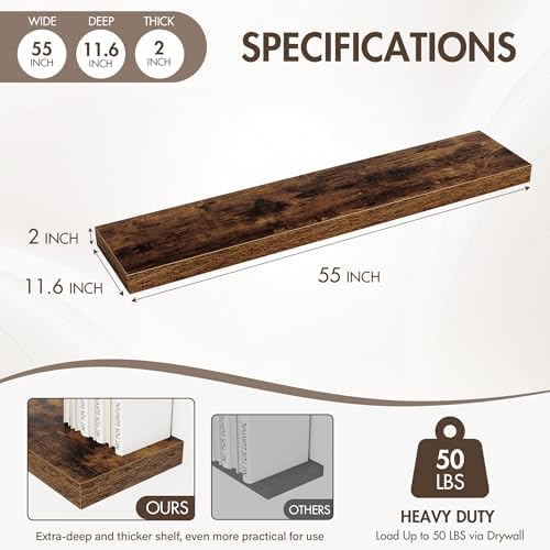 Acovy 55 Inch Floating Shelves, 12" Deep Floating Shelf Wall Mounted, 55" Wall Shelves, Rustic Deep Bookshelf, Extra Deeper & Thicker Display Shelves for Bedroom, Living Room, Set of 1 - Image 4