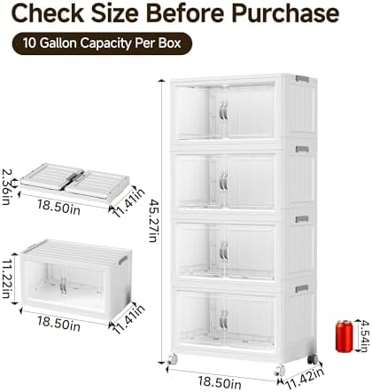 Hanyi 140 QT Stackable Storage Bins with Lids, 4 Tier Collapsible Plastic Storage Cabinet with Magnetic Doors, Removable Top Lid, Locking Wheels, Closet Organizer for Bedroom, Pantry, Office - Image 2