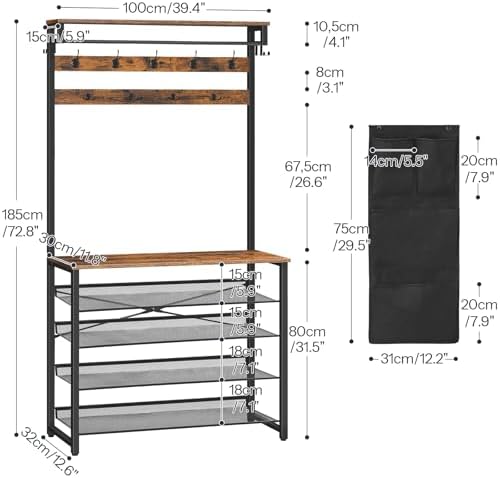 HOOBRO Hall Tree with Bench, Entryway Coat Rack with Shoe Rack, 39.4" Shoe and Coat Rack, 5 Tier Shoe Storage Organizer with Oxford Fabric Side Pockets, Adjustable Mesh Shelves, Rustic Brown BF76MT01 - Image 4