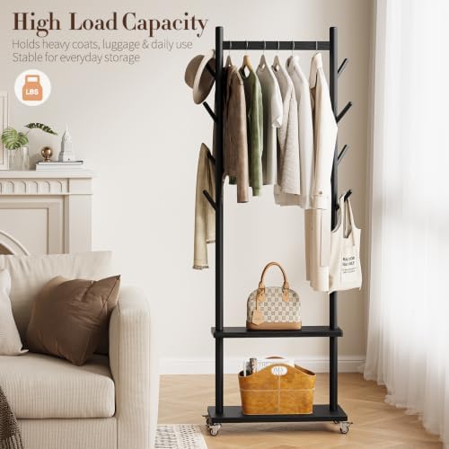 Yoobure Solid Wood Coat Rack Freestanding - Rolling Clothes Rack with 8 Hooks & Shelves, Small Clothing Rack with Wheels, Heavy Duty Clothing Racks for Hanging Clothes, Portable Hall Tree for Entryway - Image 4