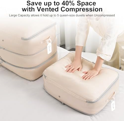 Comforter Storage Bag - Large Capacity Blanket Storage Bags 3-Layer Ultra Space Saving Self Compression Organizer, Washable Compression Bags for Storage Comforter Blanket, 6-Pack, Beige - Image 3