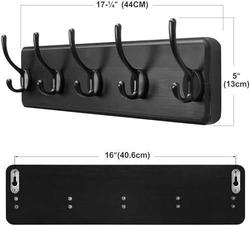 SKOLOO Rustic Coat Rack Wall Mount, 5 Hooks, 17 Inch, Solid Wood, Black - Image 6