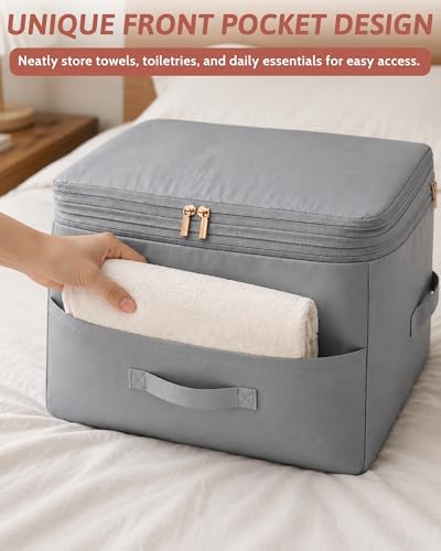 Comforter Storage Bag, 4 Pack Ultra Space Saving Self Compression Organizers, Double Zipper Compression Packing Cubes for Blankets Duvet Quilts Pillows Queen King Bedding Clothes (Gray & Pink X-Large) - Image 3
