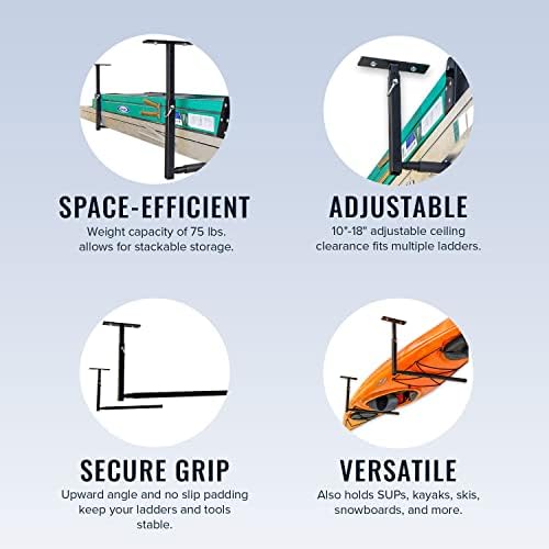 StoreYourBoard Adjustable Overhead Ladder Rack – Garage Organizer Ladder Shelf for Step & Extension Ladders - Storage Racks and Shelving for Garage Organization - Ceiling Mounted - Holds 75 lbs - Image 5