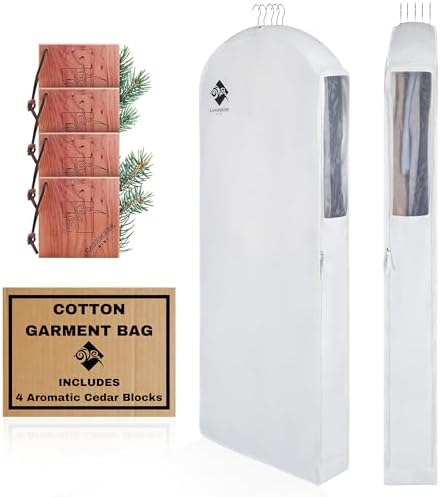Premium 60” Cotton Garment Bag For Hanging Clothes And Storage | Wide 6” Gusset & 4 Cedar Blocks For Fresh Smell And Clothes Protection | Best For Fur Coats, Long Dresses, Gowns, Tuxedos and more by Cashmere+Kiwi