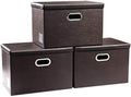 PRANDOM Large Foldable Storage Bins with Lids [3-Pack] Leather Fabric Collapsible Storage Boxes Organizer Containers Baskets Cube with Cover for Home Bedroom Closet Office Brown(17.7x11.8x11.8) by Prandom