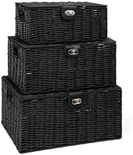ARPAN Set of 3 Resin Woven Utility Storage Basket Box With Lid & Lock (Black) by ARPAN