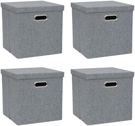 Storage Bins with Lids, Linen Fabric Boxes Organizer Containers with Lid Foldable Storage Box Basket for Closet, Shelves, Home, Office, 12 x 12 x 12 Inch, 4 Pack, Dark Gray, AG3006-7 by ArcaGuru
