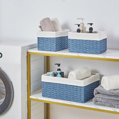 Vagusicc Wicker Basket, Set of 3 Hand-woven Storage Baskets for Organizing, Rectangle Wicker Storage Basket Bins with Handles, Small Toilet Paper Storage Baskets for Shelves & Decor, Blue - Image 5
