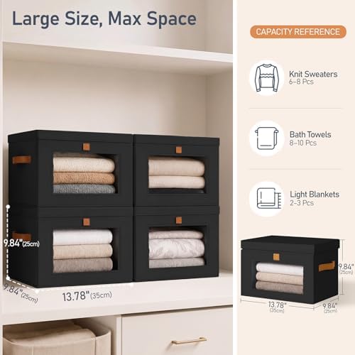 DIMJ Storage Bins with Lids - 4 Pack Large Fabric Closet Organizer with Window & Handles, Collapsible Decorative Storage Boxes for Shelves Under Bed, Books Clothes Blankets Sweaters Organization - Image 6
