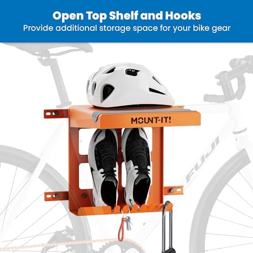 Mount-It! Bike Wall Mount Rack with Shelf and Hooks, Horizontal Indoor Bike Rack Garage Home, Space Saving Wall Mounted Hanger for a single Road, Mountain or other Bicycle with Extra Storage, Orange - Image 3