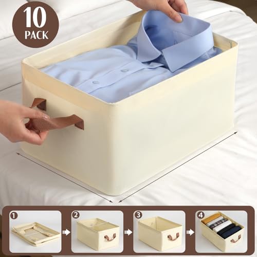 VZZNN 10 Pack Fabric Storage Bins for Shelves, Medium Closet Organizer Baskets with Sturdy Handles, Collapsible Clothes Bins for Closet Organization, Beige 15"x10"x8" - Image 6