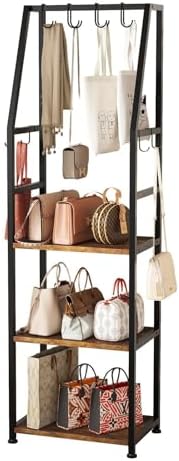 3-Tier Purse Stand Handbag Organizer, Hall Tree for Entryway Steel Frame, with 8 Removable Hooks，Clothes Rack Stand Organizer(Rustic Brown) by CCYRYY