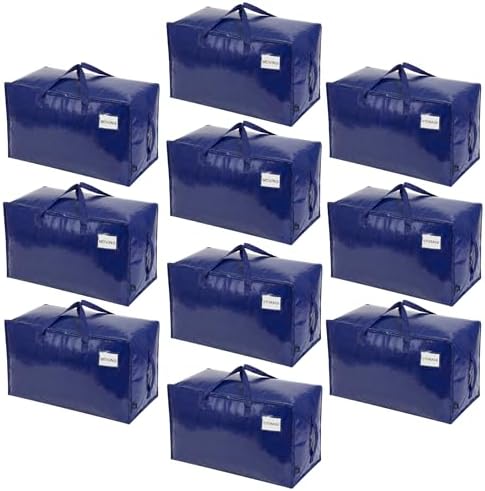 VENO 10 Pack Extra Large Heavy Duty Moving Bags with Wide Opening & Reinforced Handles, Reusable Storage Tote Bags with Strong Zippers for Clothes, College Dorm Essentials & Moving Supplies by Veno
