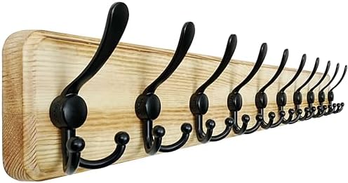 Dseap Coat Rack Wall - Heavy-Duty 38-1/4" Long, with Reinforced 10 Custom Tri-Hooks, Solid Wood Wall Hanger for Coats Hat Jackets - Rustic Farmhouse Entryway Hallway Storage, Light Brown & Black by Dseap