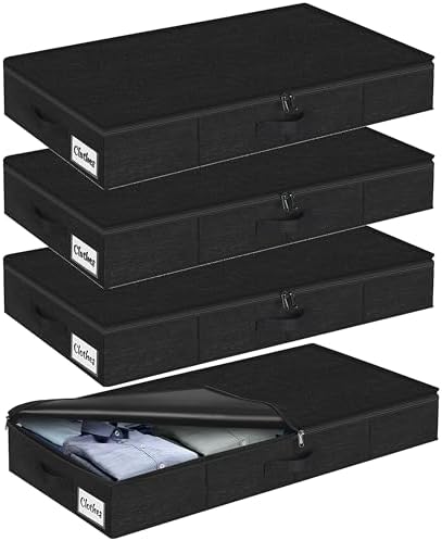 Under Bed Storage Container Bin 4 Pack, 4.5 Inch Slim Low Profile Underbed Clothes Storage Organizer for Dorm & Home, Use for Blanket and Toy Storage Box W/ Sturdy Bottom/Sides, Foldable Thick Fabric by KUKIKAN