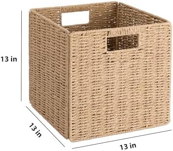 13" x 13" x 13" Wicker Storage Basket,Woven Paper Rope Wicker Baskets,Set of 4 Collapsible Square Organizers,Foldable Cube Storage Bins - Image 4