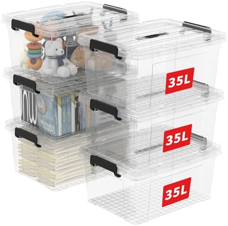 Cetomo Lidded Storage Bin with Handle, Storage Bins with Lid, Organizing Container with Secure Latching Buckles, Stackable and Nestable, Plastic, 40 Quart-6 Pack, Clear by Cetomo