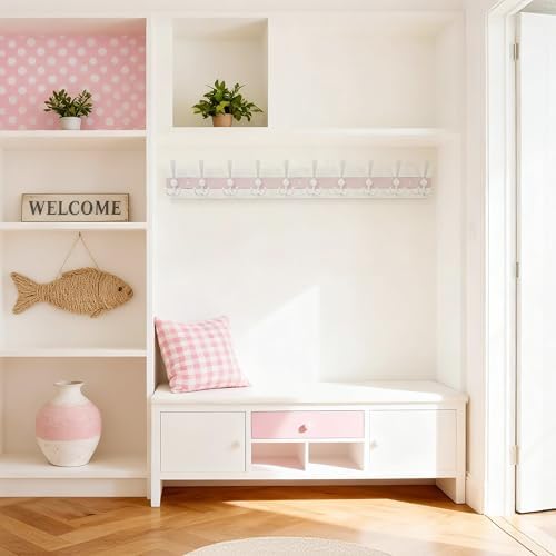SKOLOO Coastal Coat Rack Wall Mount-38.12" Beach House Entryway Wooden Coat Hook with 10 Hooks for Hanging Coats, Hats or Towels, Oceanfront Cottage Core Collection, White & Palm Beach Pink, Pack of 2 - Image 2