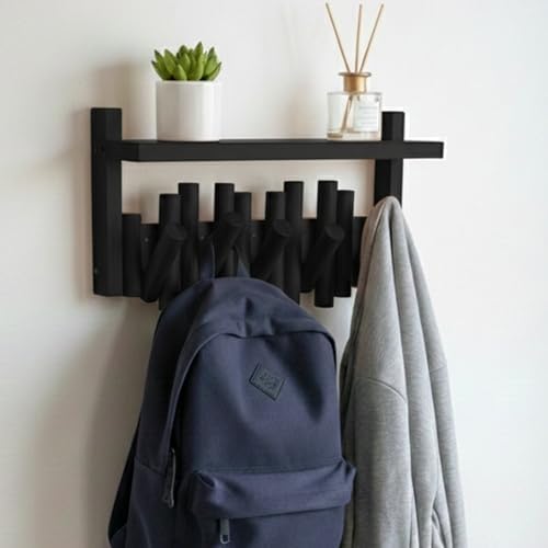 Bamboo Wall Mounted Coat Rack with Shelf Flip Down Wooden Hooks for Entryway Hallway Bedroom | Matte Black Piano Hanger, 5 Hooks, Space Saving Organizer by AuraNest