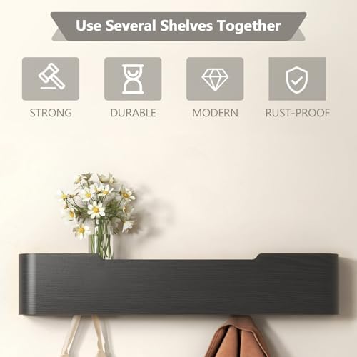 Wall Mounted Coat Rack with Shelf, Wooden Entryway Organizer with Hidden Metal Hooks for Hanging Coats Bags Keys, Modern Floating Shelf for Hallway Bathroom - Image 6