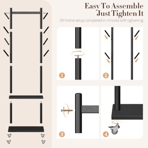 Yoobure Solid Wood Coat Rack Freestanding - Rolling Clothes Rack with 8 Hooks & Shelves, Small Clothing Rack with Wheels, Heavy Duty Clothing Racks for Hanging Clothes, Portable Hall Tree for Entryway - Image 6