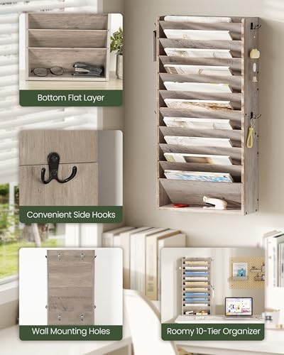 CHOEZON Wall File Organizer, 10-Tier Hanging Mail Organizer, Wall Mount File Holder with 4 Side Hooks, Industrial Mail and Storage Organizer, Wooden Vertical Hanging Holder for Office, Greige MWJ03FH - Image 3